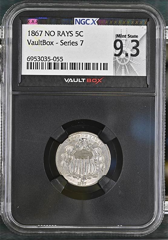 1867 No Rays Shield Nickel NGCX Mint State 9.3 Front