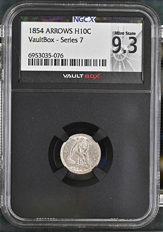 1854 Arrows Seated Liberty Half Dime NGCX Mint State 9.3 Front