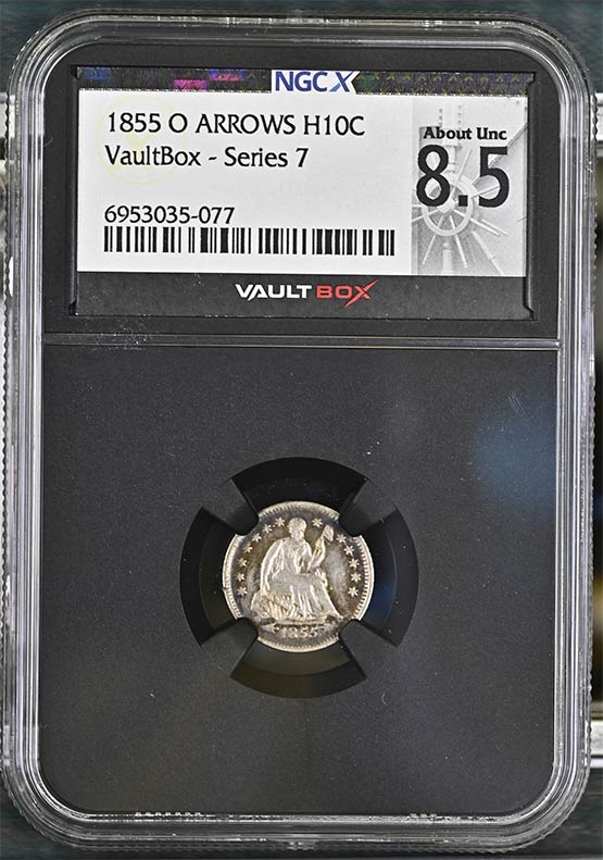 1855-O Arrows Half Dime NGCX About Uncirculated 8.5 Front
