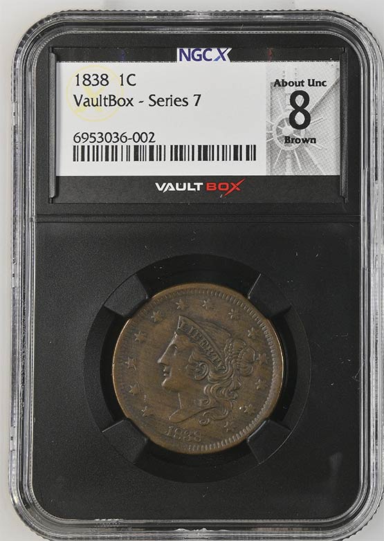 1838 Coronet Head Cent NGCX About Uncirculated 8 Brown Front