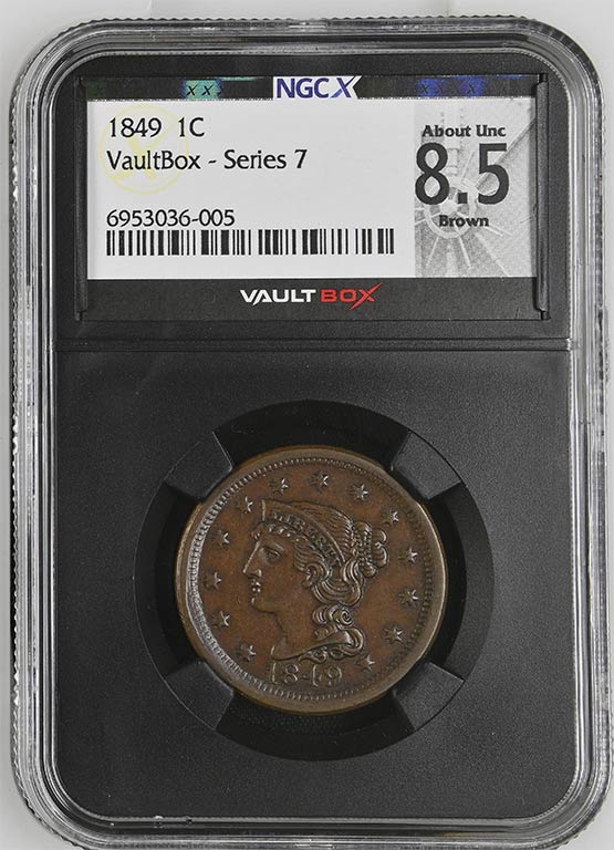 1849 Braided Hair Cent NGCX About Uncirculated 8.5 Brown Front