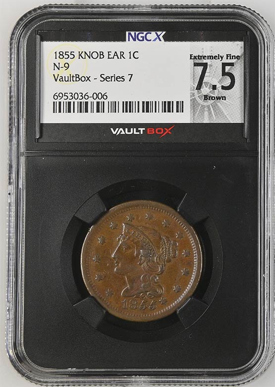 1855 Knob Ear N-9 Braided Hair Cent NGCX Extremely Fine 7.5 Brown Front