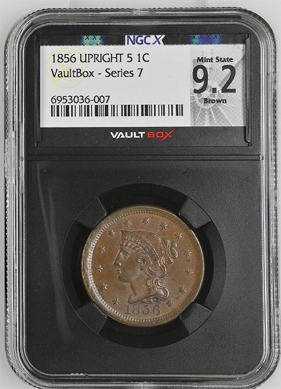 1856 Upright 5 Braided Hair Cent NGCX Mint State 9.2 Brown Front