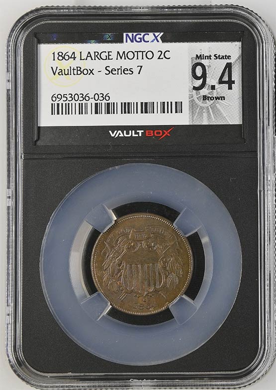 1864 Large Motto Two Cent Piece NGCX Mint State 9.4 Brown Front