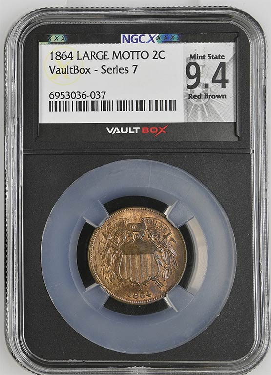 1864 Large Motto Two Cent Piece NGCX Mint State 9.4 Red Brown Front