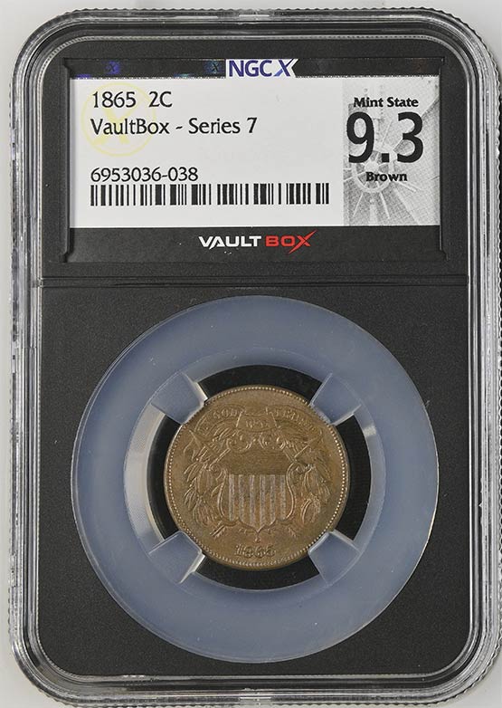 1865 Two Cent Piece NGCX Mint State 9.3 Brown Front