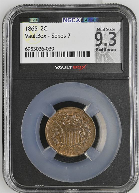 1865 Two Cent Piece NGCX Mint State 9.3 Red Brown Front