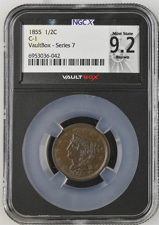 1855 C-1 Braided Hair Half Cent NGCX Mint State 9.2 Brown Front