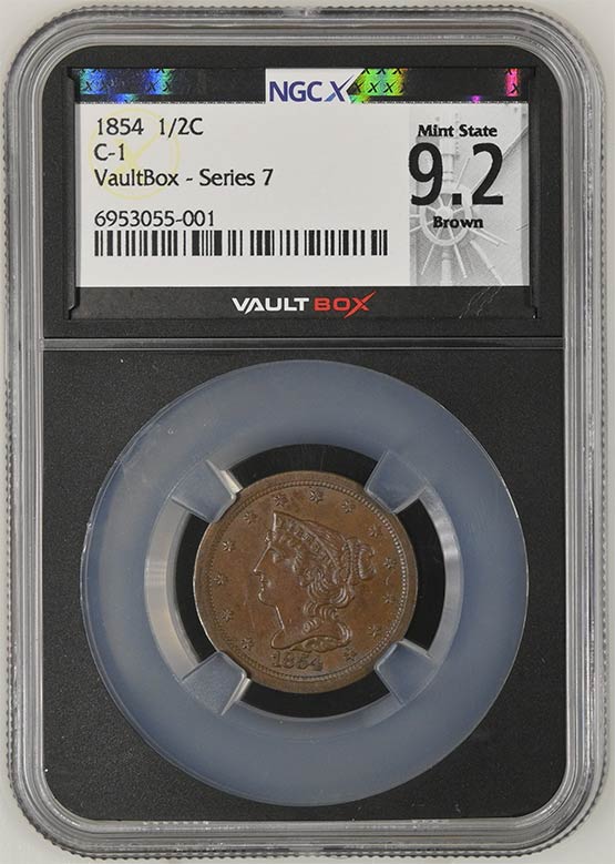 1854 Braided Hair Half Cent NGCX Mint State 9.2 Brown Front