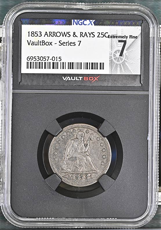 1853 Arrows & Rays Liberty Seated Quarter NGCX Extremely Fine 7 Front