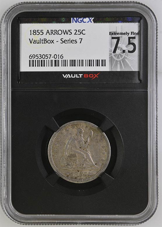 1855 Arrows Liberty Seated Quarter NGCX Extremely Fine 7.5 Front