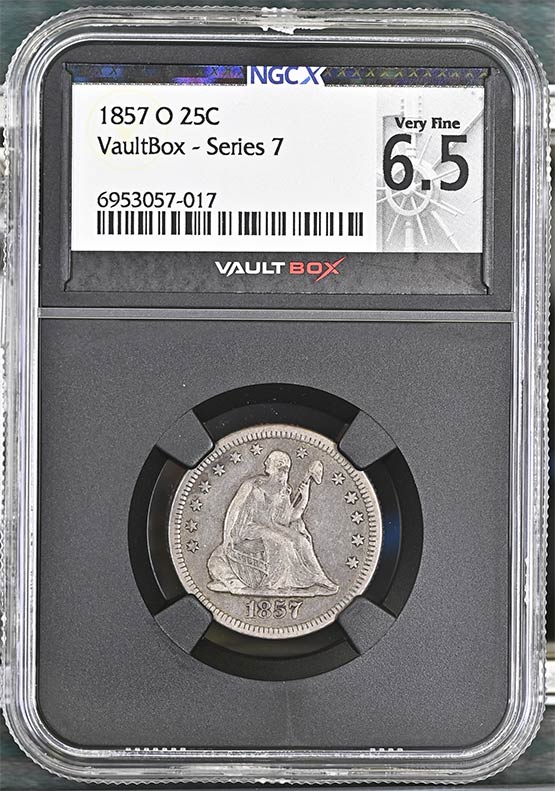 1857-O Liberty Seated Quarter NGCX Very Fine 6.5 Front