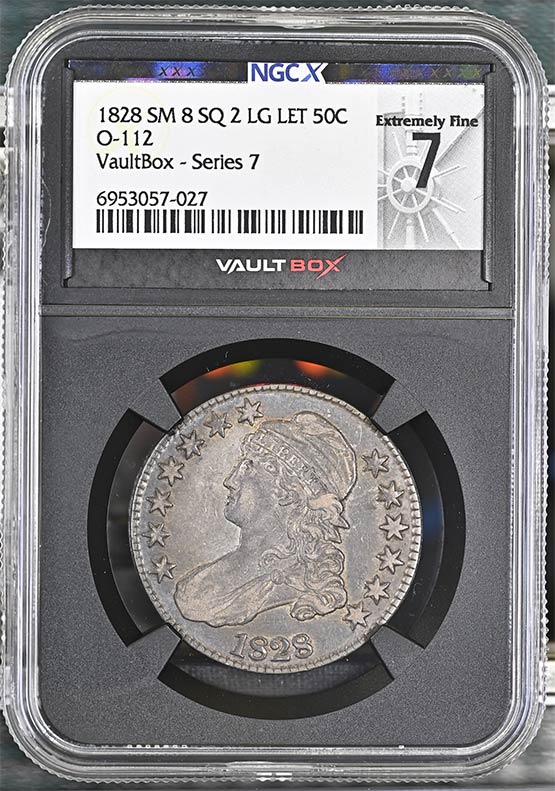 1828 SM 8 SQ 2 LG LET O-112 Capped Bust Half Dollar NGCX Extremely Fine 7 Front