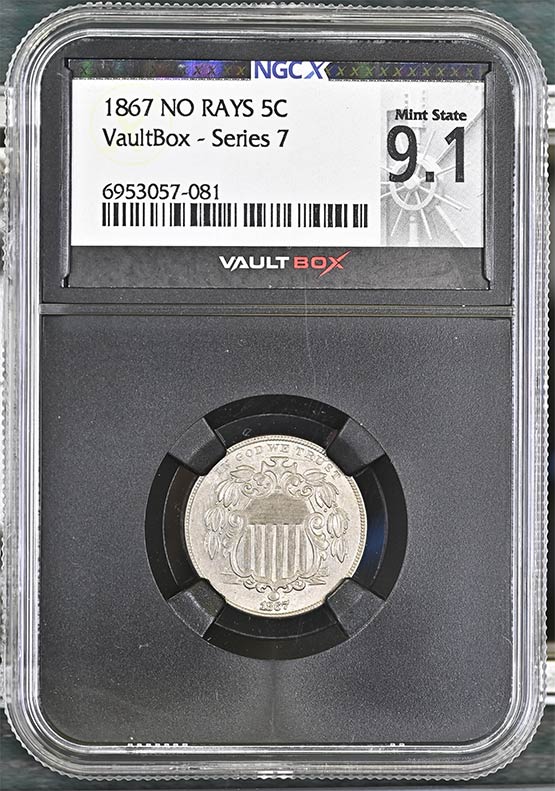 1867 No Rays Shield Nickel NGCX Mint State 9.1 Front