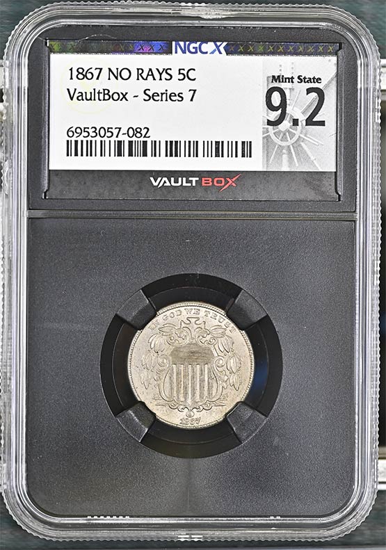 1867 No Rays Shield Nickel NGCX Mint State 9.2 Front