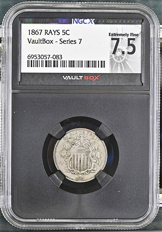 1867 Rays Shield Nickel NGCX Extremely Fine 7.5 Front