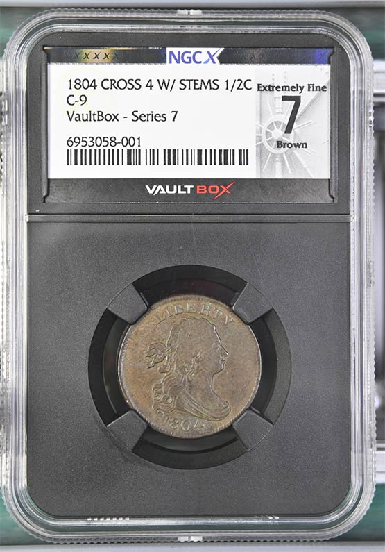 1804 Cross 4 w/Stems Draped Bust Half Cent NGCX Extremely Fine 7 Brown Front