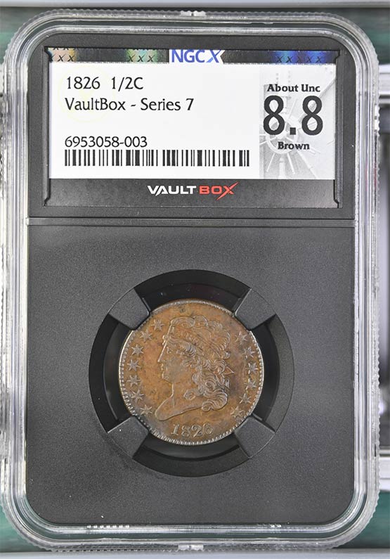 1826 Classic Head Half Cent NGCX About Uncirculated 8.8 Brown Front