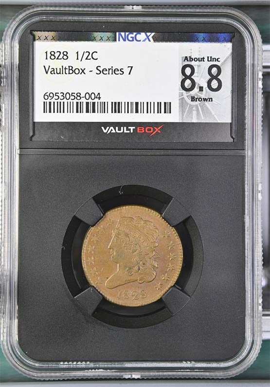 1828 Classic Head Half Cent NGCX About Uncirculated 8.8 Brown Front