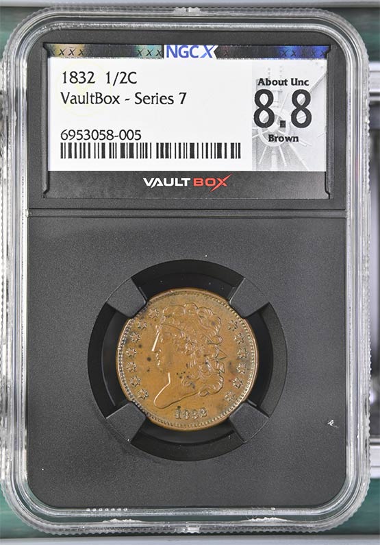 1832 Classic Head Half Cent NGCX About Uncirculated 8.8 Brown Front