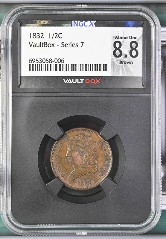 1832 Classic Head Half Cent NGCX About Uncirculated 8.8 Brown Front