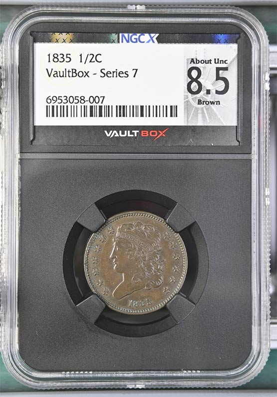 1835 Classic Head Half Cent NGCX About Uncirculated 8.5 Brown Front