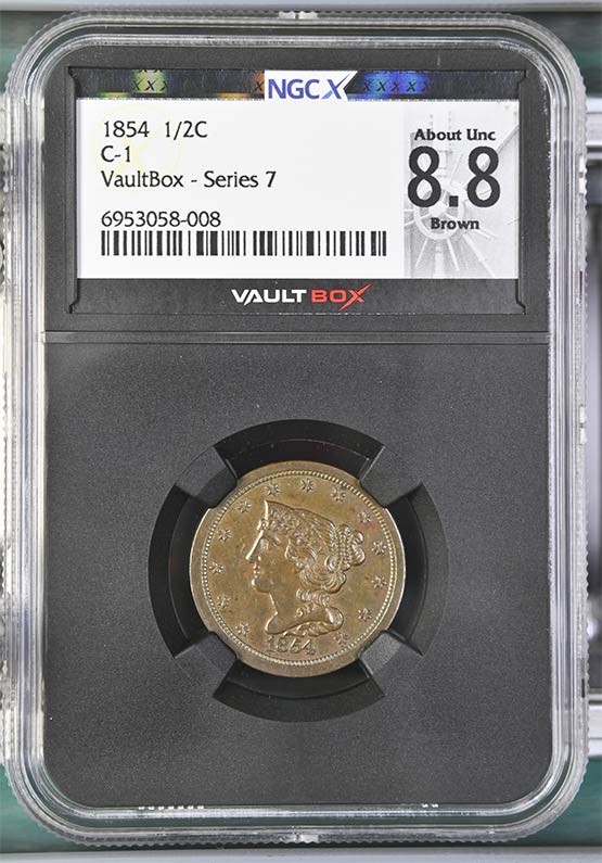 1854 C-1 Braided Hair Half Cent NGCX About Uncirculated 8.8 Brown Front