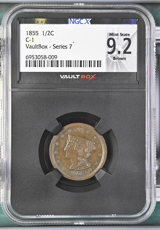 1855 C-1 Braided Hair Half Cent NGCX Mint State 9.2 Brown Front