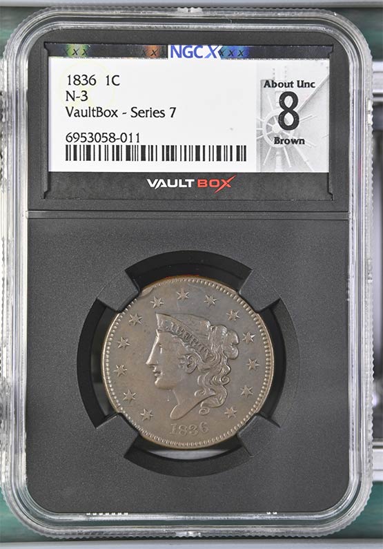 1836 N-3 Coronet Head Large Cent NGCX About Uncirculated 8 Brown Front