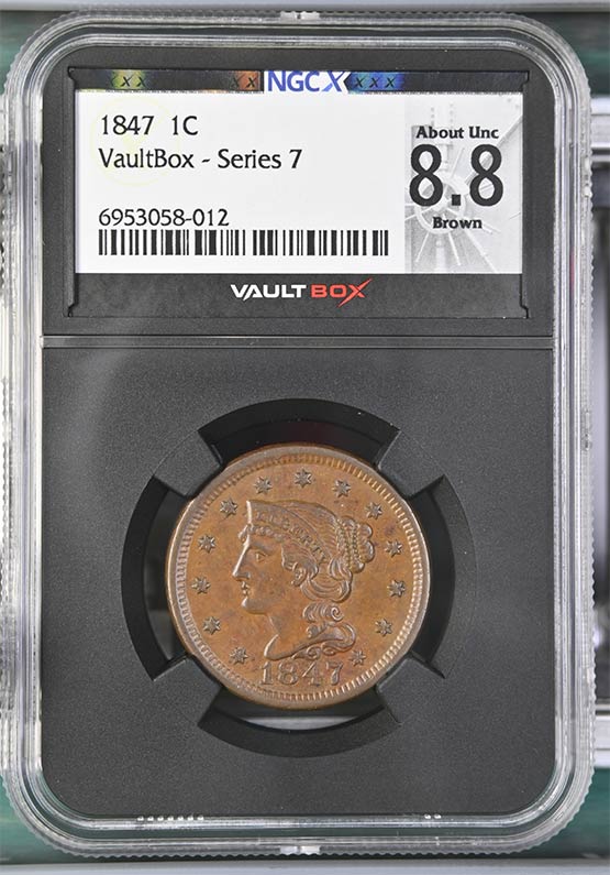 1847 Braided Hair Cent NGCX About Uncirculated 8.8 Brown Front
