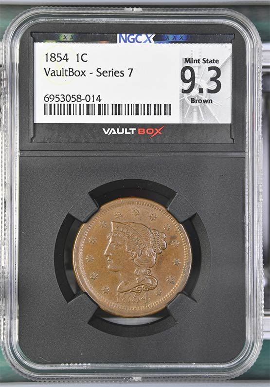 1854 Braided Hair Cent NGCX Mint State 9.3 Brown Front