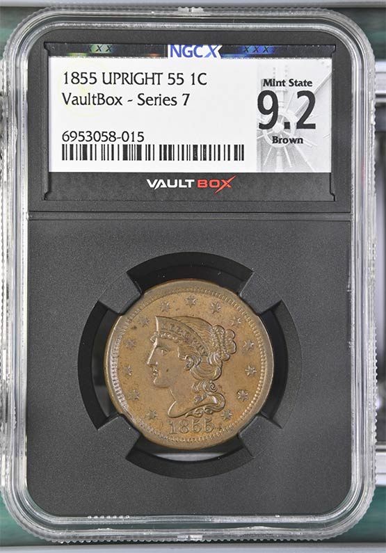1855 Upright 55 Braided Hair Cent NGCX Mint State 9.2 Brown Front