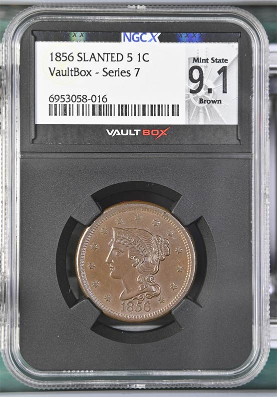 1856 Slanted 5 Braided Hair Cent NGCX Mint State 9.1 Brown Front