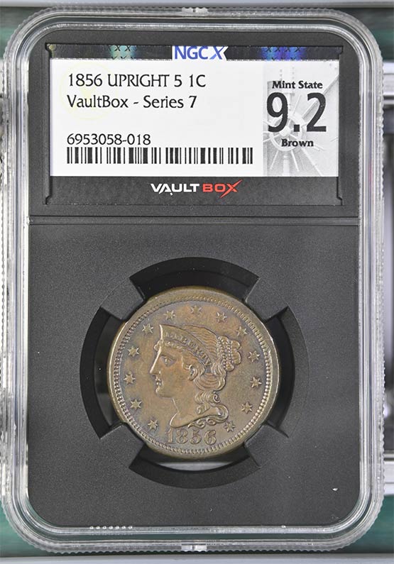 1856 Upright 5 Braided Hair Cent NGCX Mint State 9.2 Brown Front