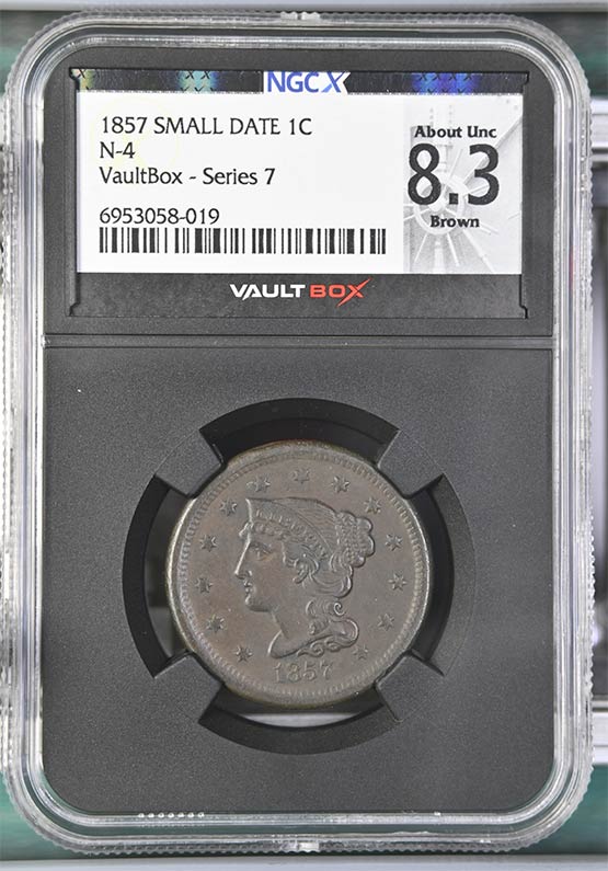 1857 Small Date N-4 Braided Hair Cent NGCX About Uncirculated 8.3 Brown Front