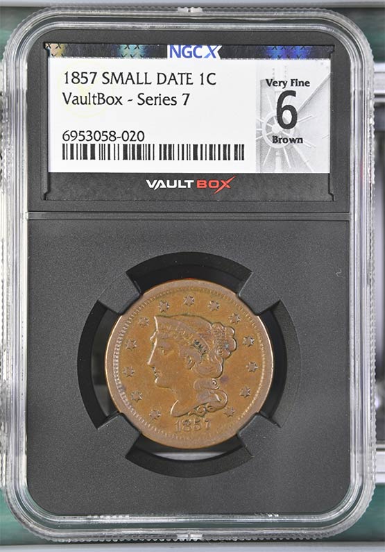 1857 Small Date Braided Hair Cent NGCX Very Fine 6 Brown Front
