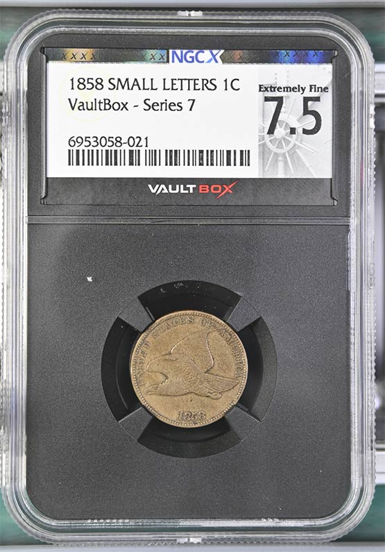 1858 Small Letters Flying Eagle Cent NGCX Extremely Fine 7.5 Front