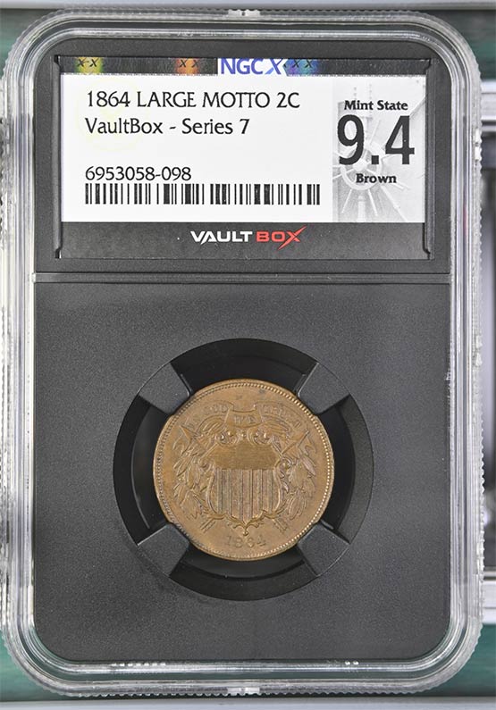 1864 Large Motto Two Cent Piece NGCX Mint State 9.4 Brown Front