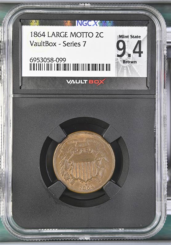 1864 Large Motto Two Cent Piece NGCX Mint State 9.4 Brown Front