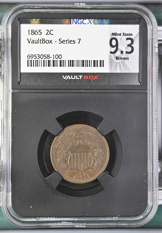 1865 Two Cent Piece NGCX Mint State 9.3 Brown Front