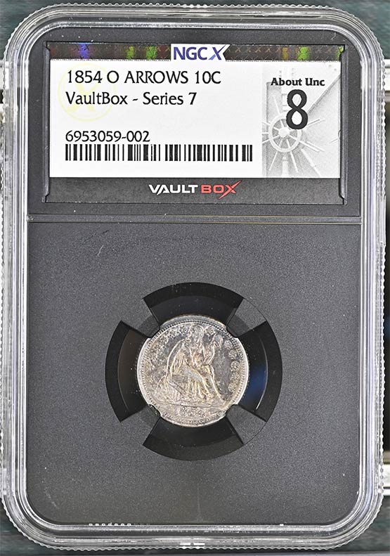 1854-O Arrows Liberty Seated Dime NGCX About Uncirculated 8 Front