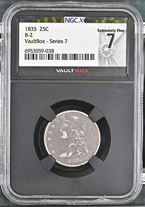 1835 B-2 Capped Bust Quarter NGCX Extremely Fine 7 Front