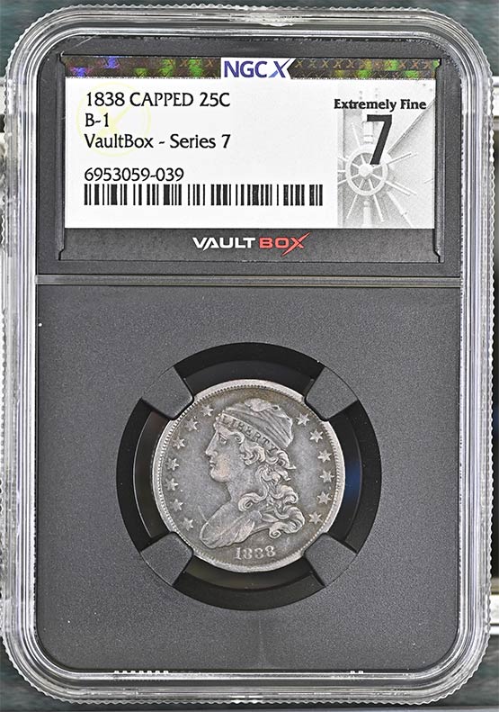 1838 B-1 Capped Bust Quarter NGCX Extremely Fine 7 Front