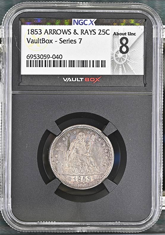 1853 Arrows & Rays Liberty Seated Quarter NGCX About Uncirculated 8 Front