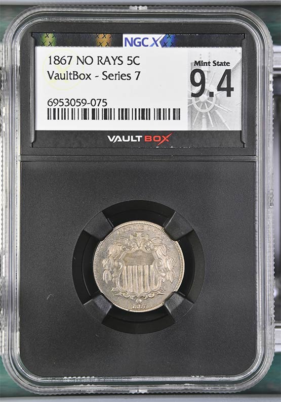 1867 No Rays Shield Nickel NGCX Mint State 9.4 Front