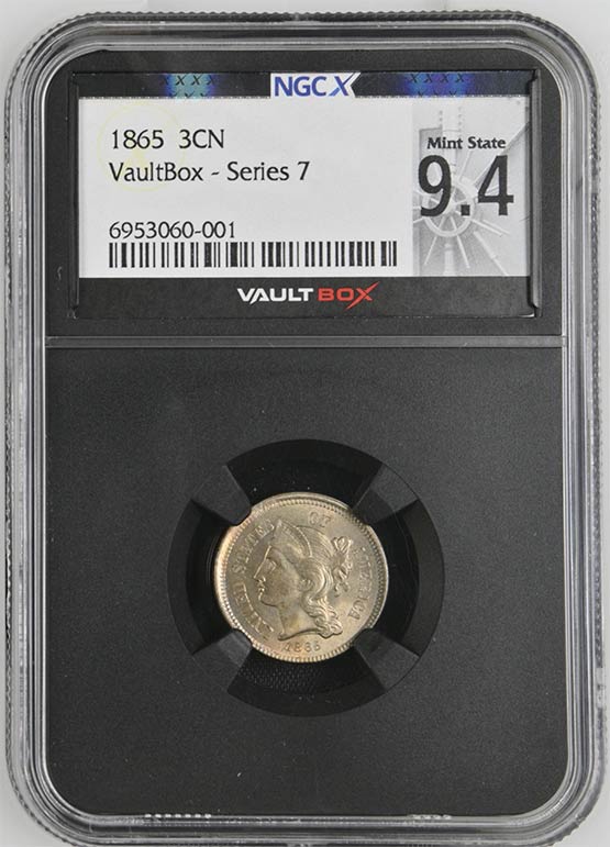 1865 Three Cent Nickel NGCX Mint State 9.4 Front
