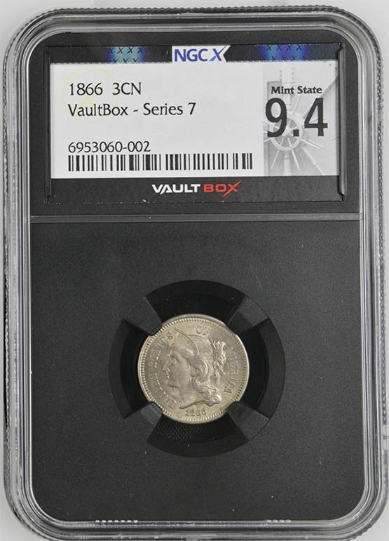 1866 Three Cent Nickel NGCX Mint State 9.4 Front