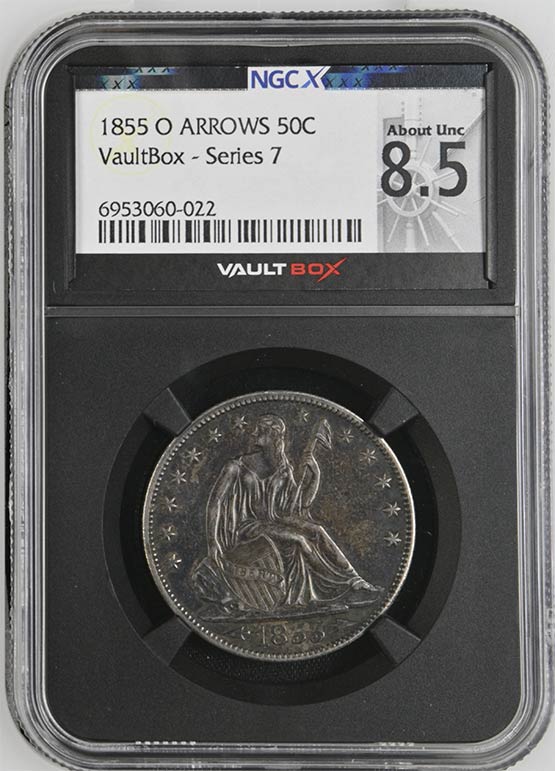 1855-O Arrows Liberty Seated Half Dollar NGCX About Uncirculated 8.5 Front