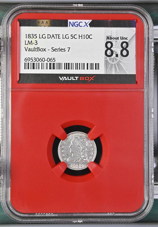 1835 LG Date LG 5C LM-3 Capped Bust Half Dime NGCX About Uncirculated 8.8 Front