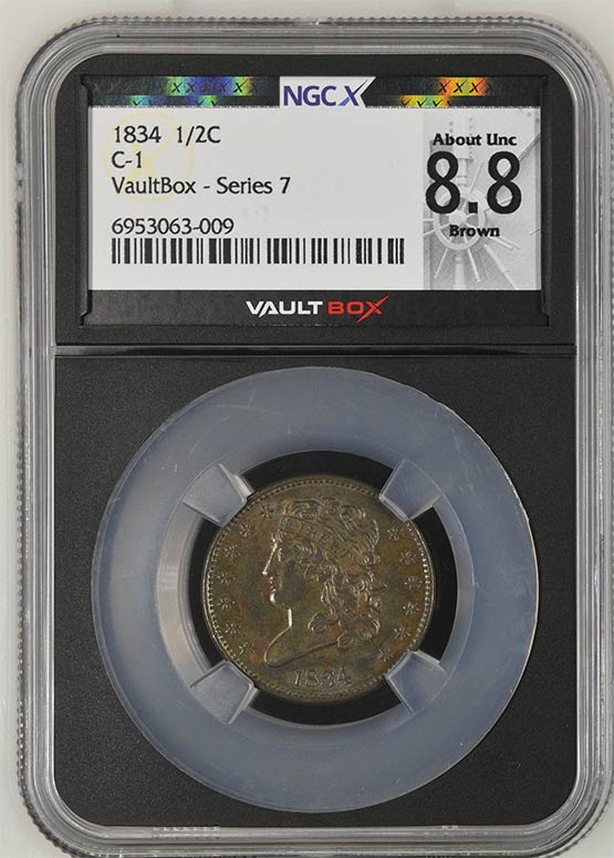 1834 Classic Head Half Cent NGCX About Uncirculated 8.8 Brown Front